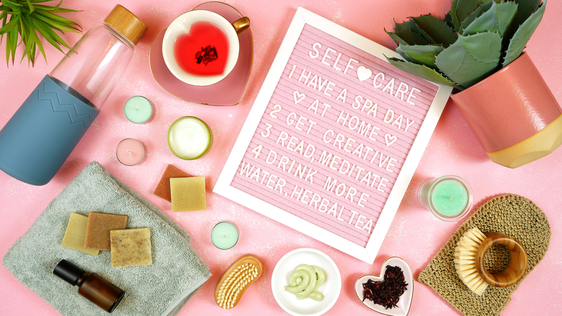 Self care tools with a sign about self care tips.