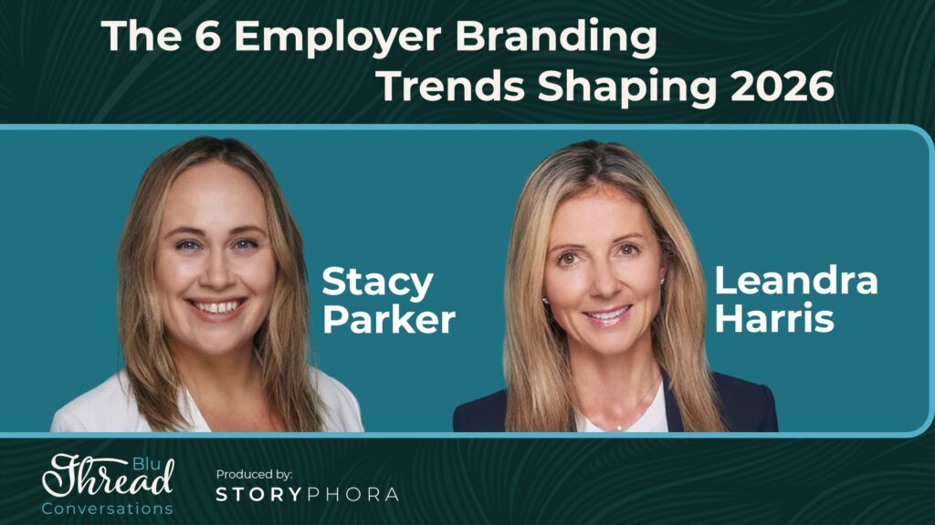 Graphic titled ‘The 6 Employer Branding Trends Shaping 2026’ featuring headshots of Stacy Parker and Leandra Harris, with Blu Thread Conversations branding.
